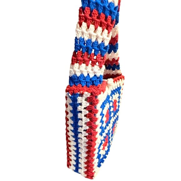 Granny Square Crochet Tote Retro Hippie Style Book Bag Red White Blue School Col - Picture 2 of 16